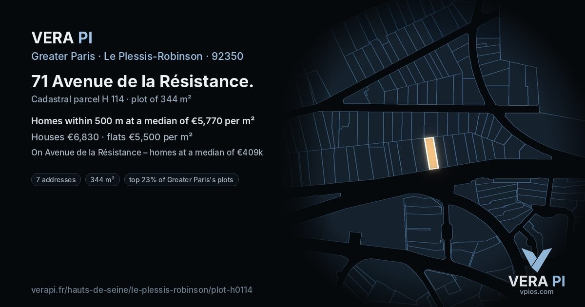 71 Avenue de la Résistance, Le Plessis-Robinson at night – the plot lit, the parcels around coloured by the prices near them