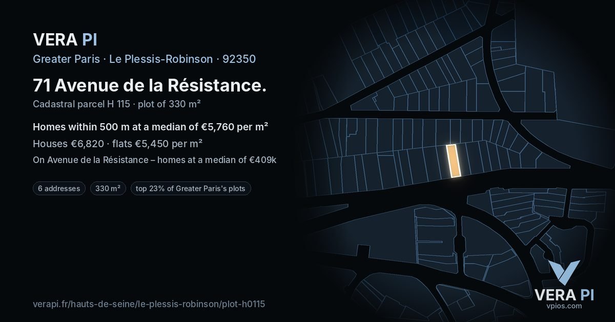 71 Avenue de la Résistance, Le Plessis-Robinson at night – the plot lit, the parcels around coloured by the prices near them