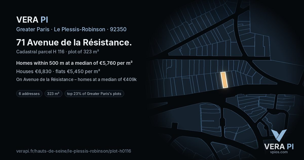71 Avenue de la Résistance, Le Plessis-Robinson at night – the plot lit, the parcels around coloured by the prices near them