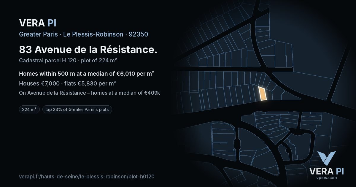 83 Avenue de la Résistance, Le Plessis-Robinson at night – the plot lit, the parcels around coloured by the prices near them