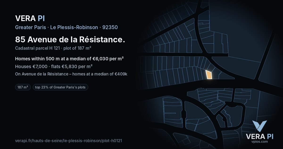 85 Avenue de la Résistance, Le Plessis-Robinson at night – the plot lit, the parcels around coloured by the prices near them