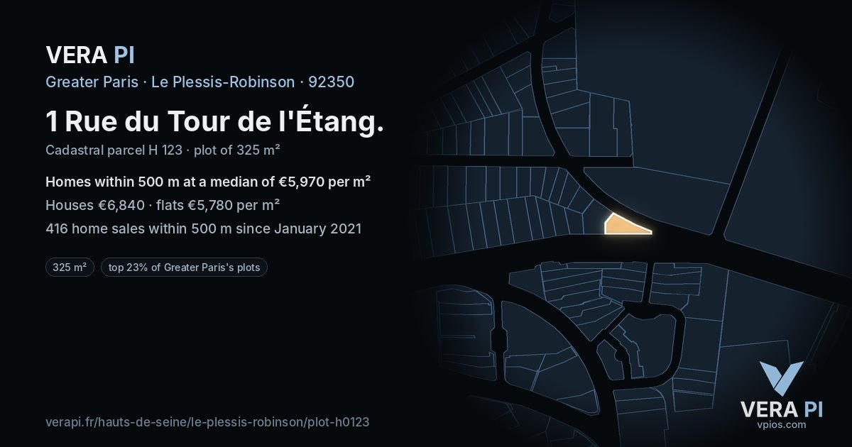 1 Rue du Tour de l'Étang, Le Plessis-Robinson at night – the plot lit, the parcels around coloured by the prices near them