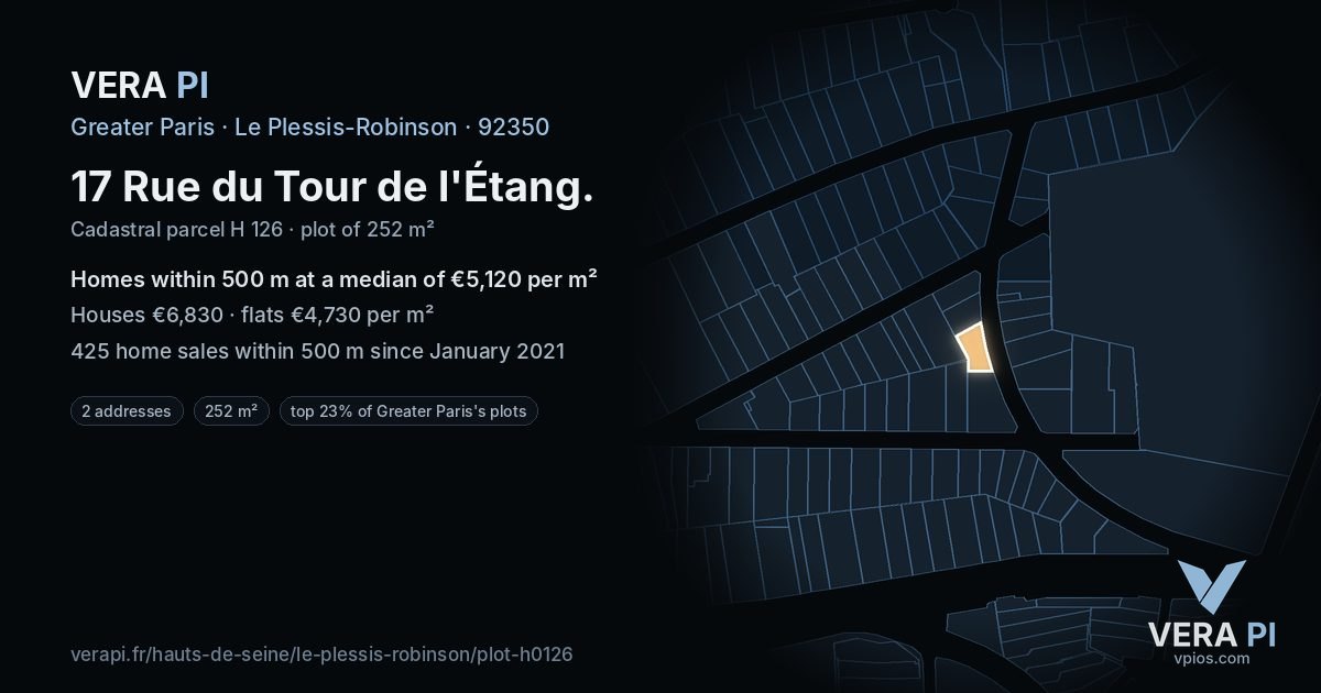 17 Rue du Tour de l'Étang, Le Plessis-Robinson at night – the plot lit, the parcels around coloured by the prices near them