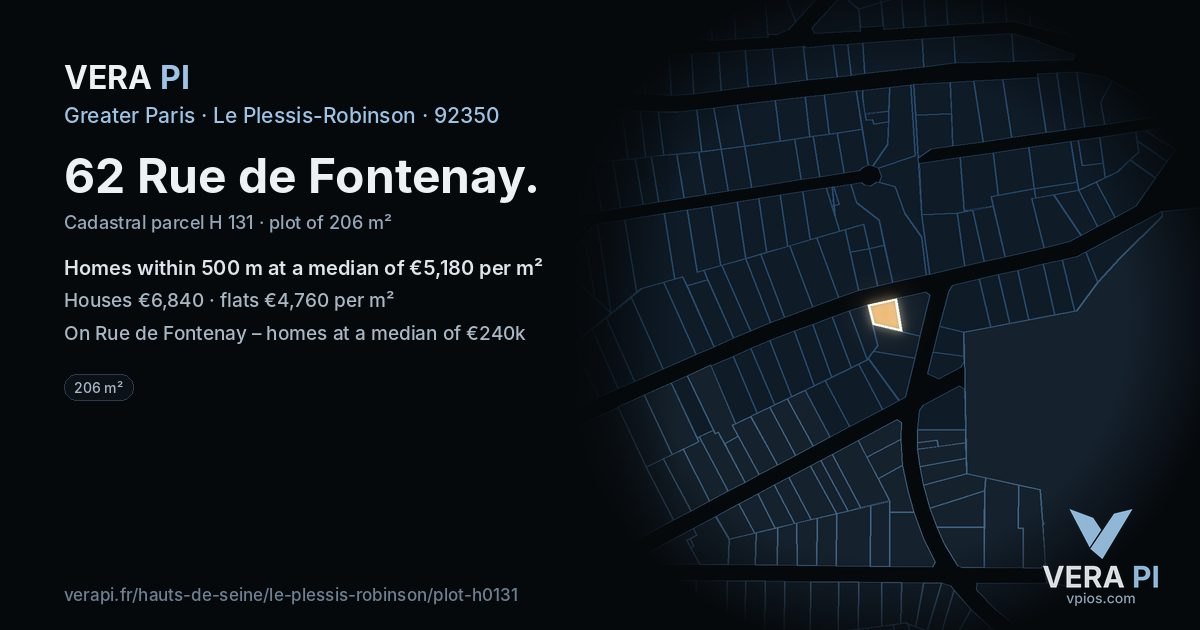 62 Rue de Fontenay, Le Plessis-Robinson at night – the plot lit, the parcels around coloured by the prices near them