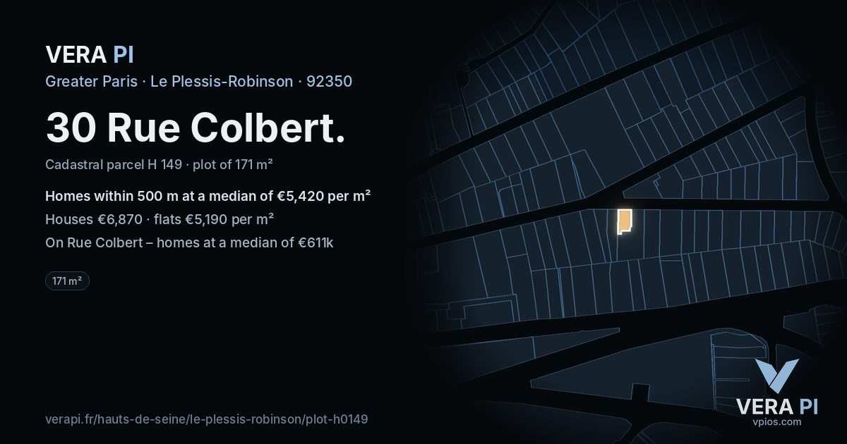 30 Rue Colbert, Le Plessis-Robinson at night – the plot lit, the parcels around coloured by the prices near them