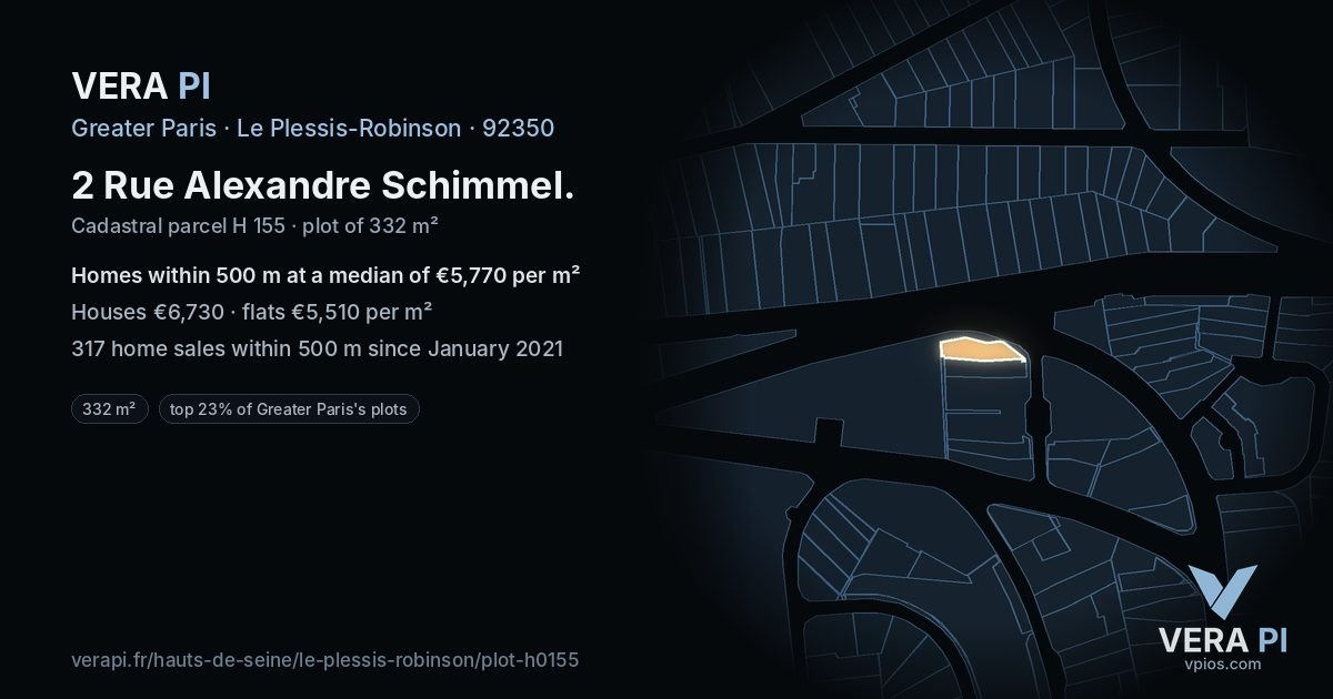 2 Rue Alexandre Schimmel, Le Plessis-Robinson at night – the plot lit, the parcels around coloured by the prices near them