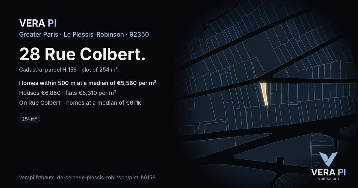 28 Rue Colbert, Le Plessis-Robinson at night – the plot lit, the parcels around coloured by the prices near them