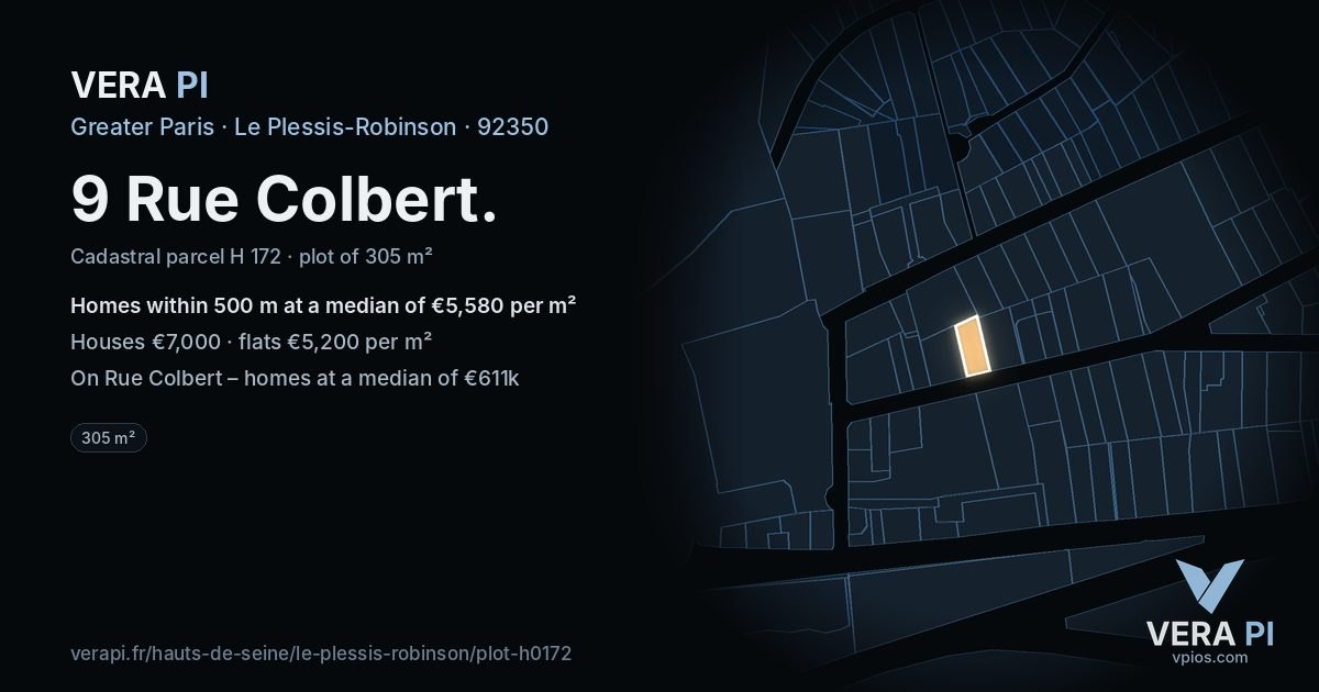 9 Rue Colbert, Le Plessis-Robinson at night – the plot lit, the parcels around coloured by the prices near them