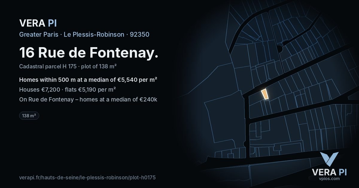 16 Rue de Fontenay, Le Plessis-Robinson at night – the plot lit, the parcels around coloured by the prices near them