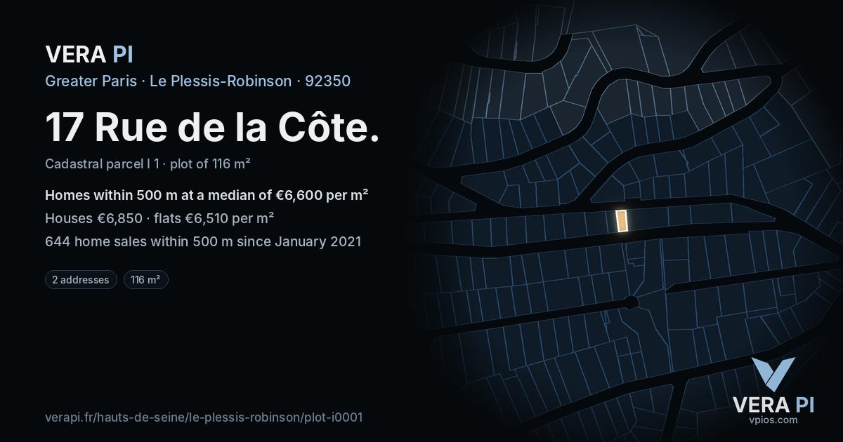 17 Rue de la Côte, Le Plessis-Robinson at night – the plot lit, the parcels around coloured by the prices near them