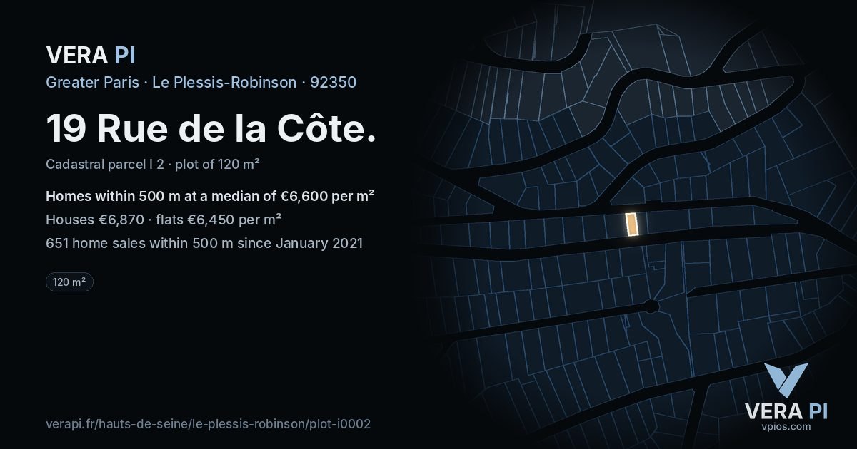 19 Rue de la Côte, Le Plessis-Robinson at night – the plot lit, the parcels around coloured by the prices near them