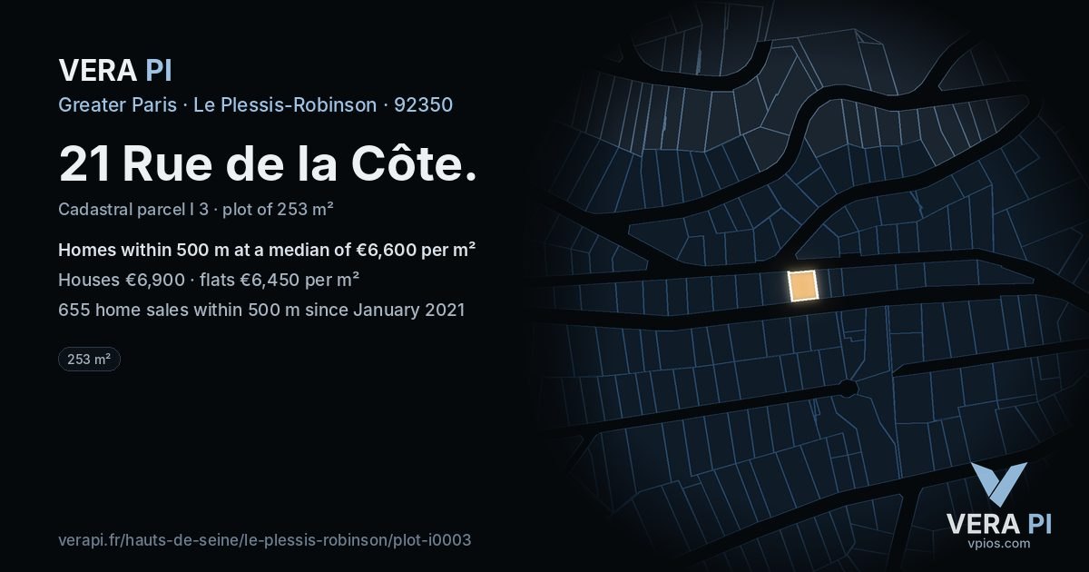 21 Rue de la Côte, Le Plessis-Robinson at night – the plot lit, the parcels around coloured by the prices near them