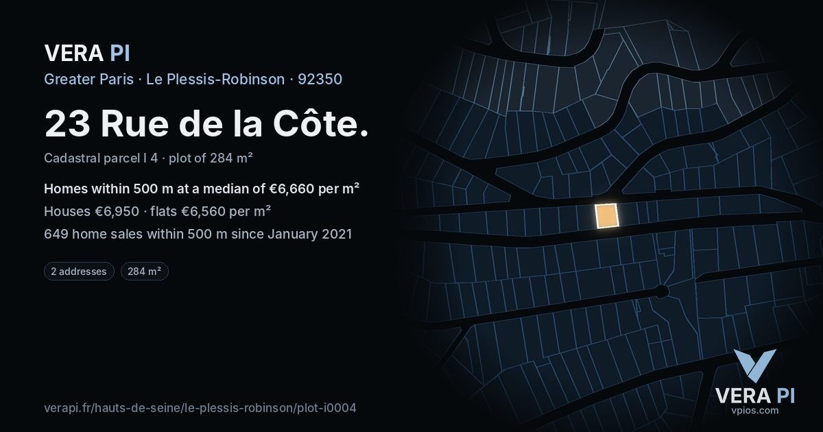 23 Rue de la Côte, Le Plessis-Robinson at night – the plot lit, the parcels around coloured by the prices near them