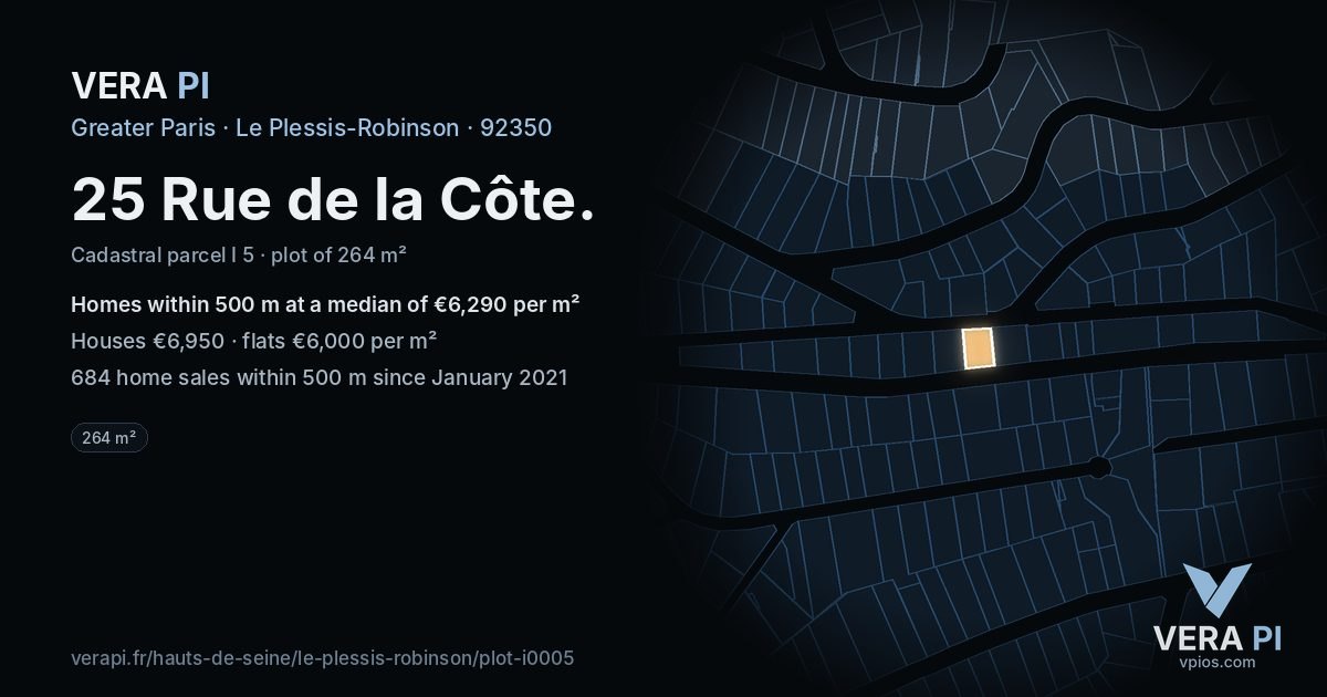 25 Rue de la Côte, Le Plessis-Robinson at night – the plot lit, the parcels around coloured by the prices near them
