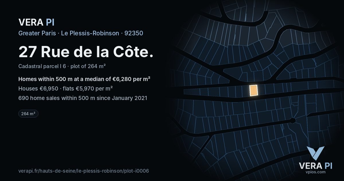 27 Rue de la Côte, Le Plessis-Robinson at night – the plot lit, the parcels around coloured by the prices near them