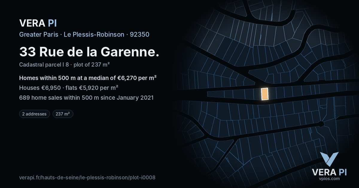 33 Rue de la Garenne, Le Plessis-Robinson at night – the plot lit, the parcels around coloured by the prices near them