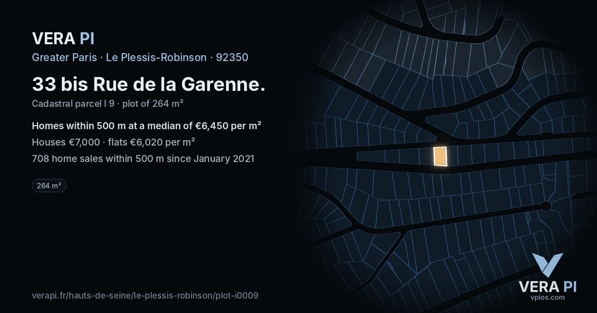 33 bis Rue de la Garenne, Le Plessis-Robinson at night – the plot lit, the parcels around coloured by the prices near them