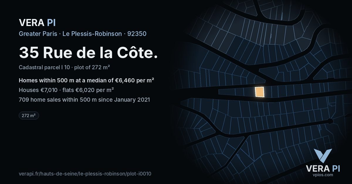 35 Rue de la Côte, Le Plessis-Robinson at night – the plot lit, the parcels around coloured by the prices near them