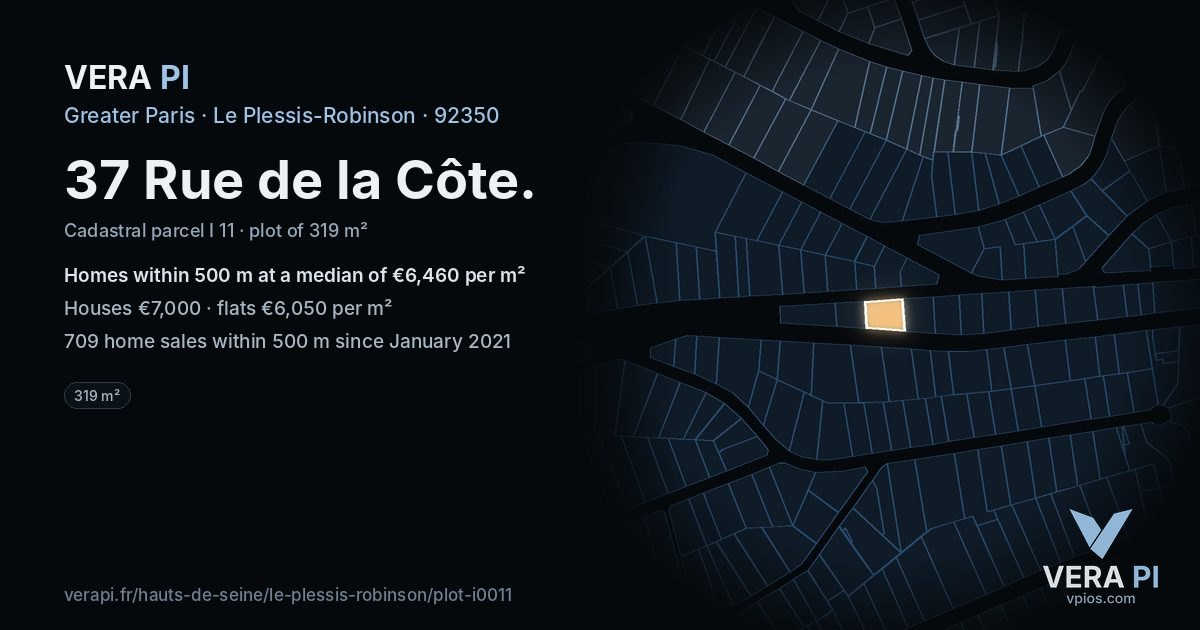 37 Rue de la Côte, Le Plessis-Robinson at night – the plot lit, the parcels around coloured by the prices near them