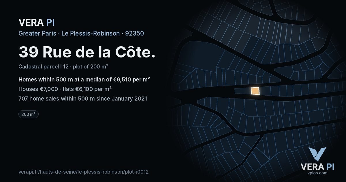 39 Rue de la Côte, Le Plessis-Robinson at night – the plot lit, the parcels around coloured by the prices near them
