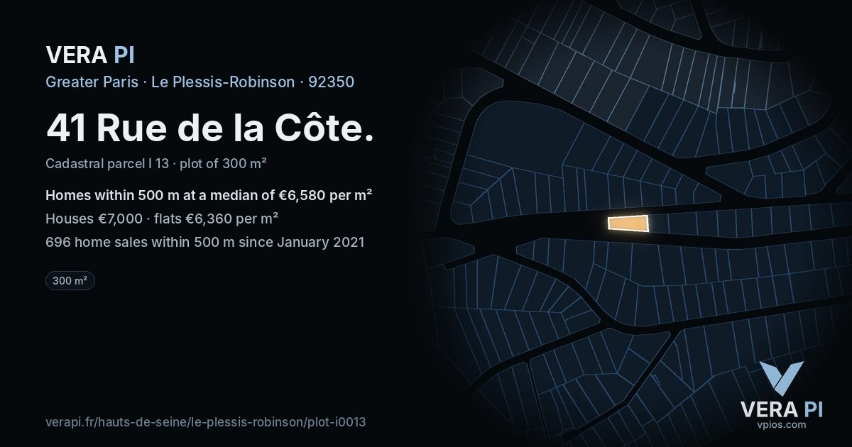 41 Rue de la Côte, Le Plessis-Robinson at night – the plot lit, the parcels around coloured by the prices near them