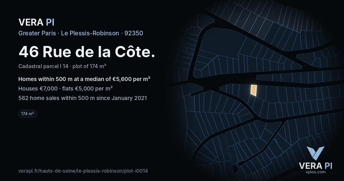 46 Rue de la Côte, Le Plessis-Robinson at night – the plot lit, the parcels around coloured by the prices near them