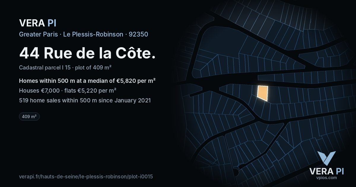 44 Rue de la Côte, Le Plessis-Robinson at night – the plot lit, the parcels around coloured by the prices near them