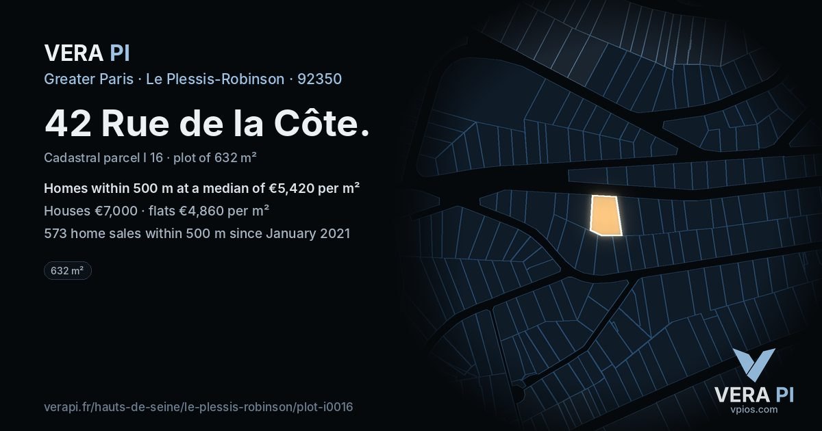42 Rue de la Côte, Le Plessis-Robinson at night – the plot lit, the parcels around coloured by the prices near them