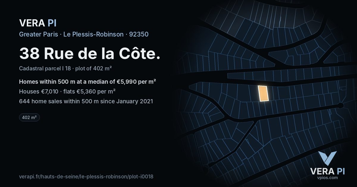 38 Rue de la Côte, Le Plessis-Robinson at night – the plot lit, the parcels around coloured by the prices near them