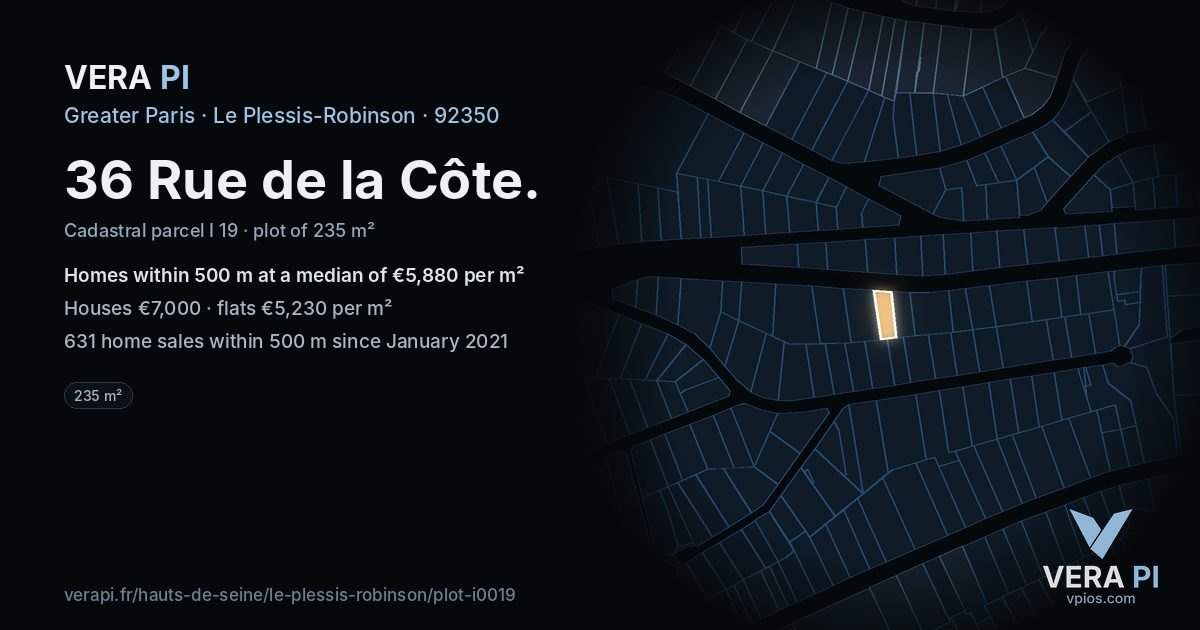 36 Rue de la Côte, Le Plessis-Robinson at night – the plot lit, the parcels around coloured by the prices near them