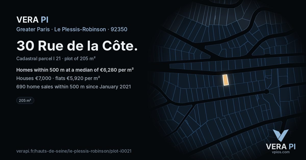 30 Rue de la Côte, Le Plessis-Robinson at night – the plot lit, the parcels around coloured by the prices near them