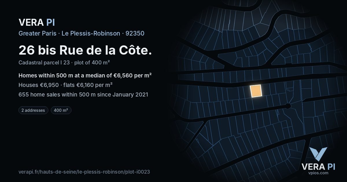 26 bis Rue de la Côte, Le Plessis-Robinson at night – the plot lit, the parcels around coloured by the prices near them
