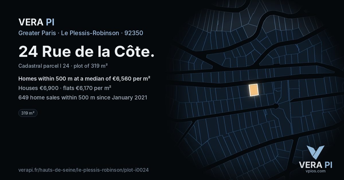 24 Rue de la Côte, Le Plessis-Robinson at night – the plot lit, the parcels around coloured by the prices near them