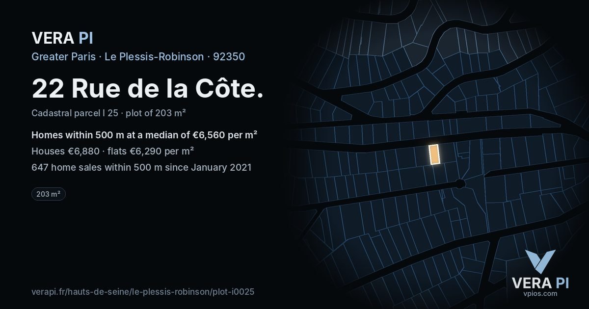 22 Rue de la Côte, Le Plessis-Robinson at night – the plot lit, the parcels around coloured by the prices near them