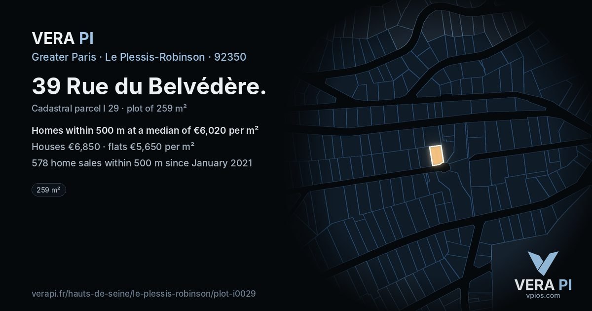 39 Rue du Belvédère, Le Plessis-Robinson at night – the plot lit, the parcels around coloured by the prices near them