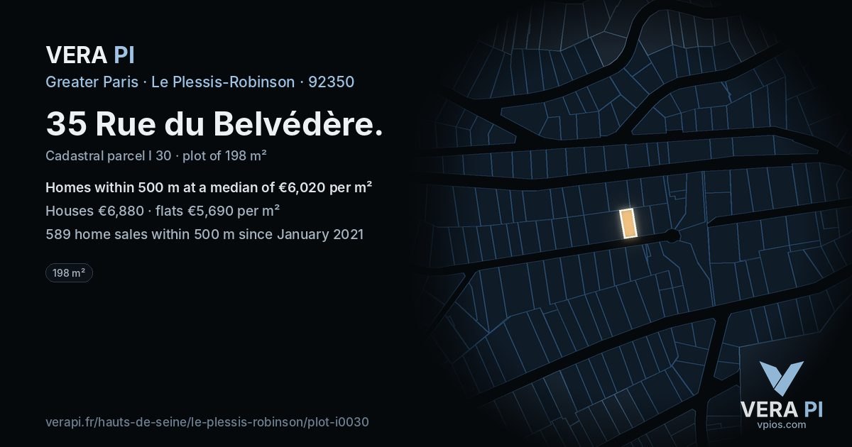 35 Rue du Belvédère, Le Plessis-Robinson at night – the plot lit, the parcels around coloured by the prices near them