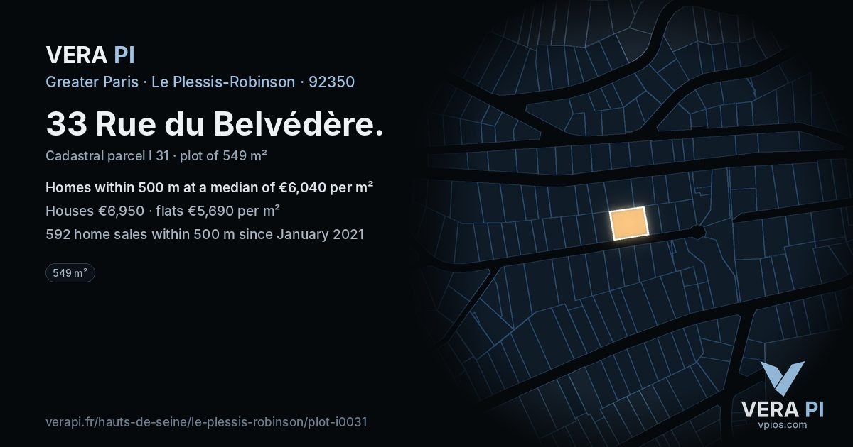 33 Rue du Belvédère, Le Plessis-Robinson at night – the plot lit, the parcels around coloured by the prices near them
