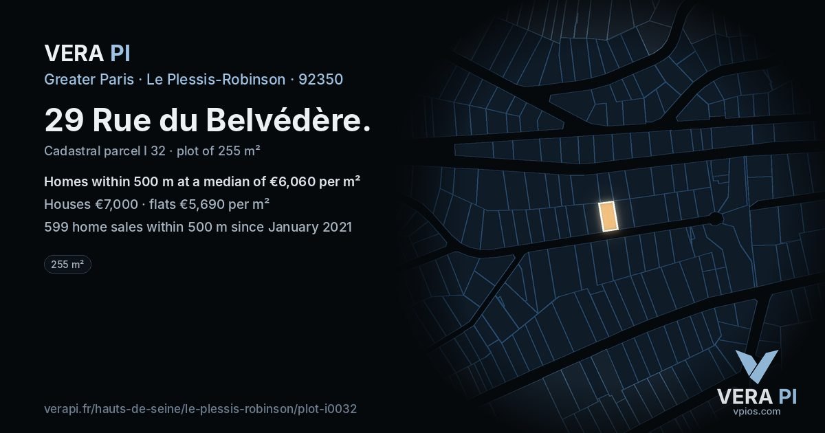 29 Rue du Belvédère, Le Plessis-Robinson at night – the plot lit, the parcels around coloured by the prices near them