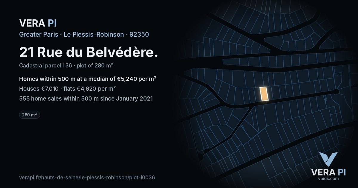 21 Rue du Belvédère, Le Plessis-Robinson at night – the plot lit, the parcels around coloured by the prices near them