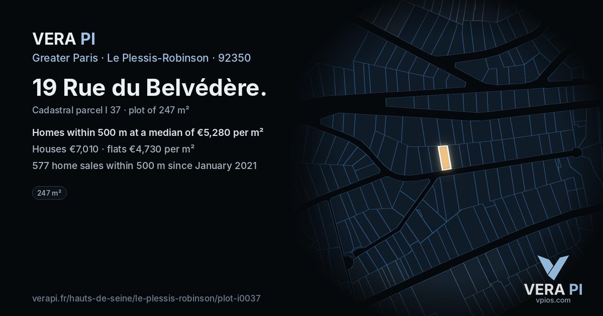19 Rue du Belvédère, Le Plessis-Robinson at night – the plot lit, the parcels around coloured by the prices near them
