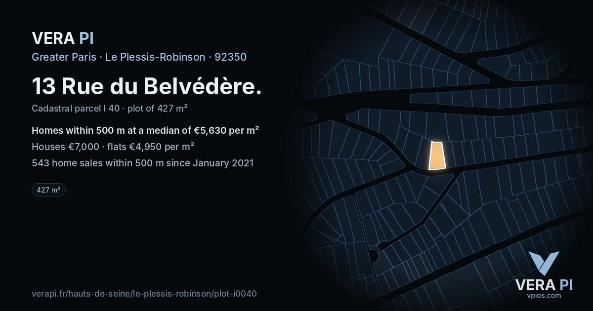 13 Rue du Belvédère, Le Plessis-Robinson at night – the plot lit, the parcels around coloured by the prices near them