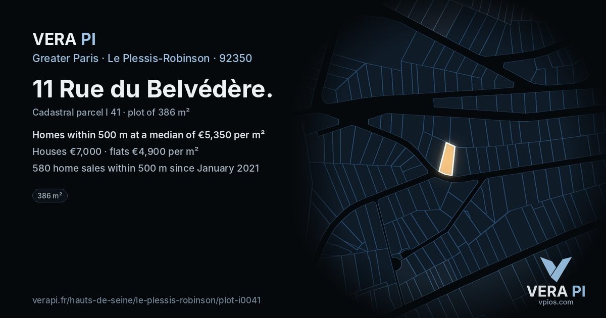 11 Rue du Belvédère, Le Plessis-Robinson at night – the plot lit, the parcels around coloured by the prices near them