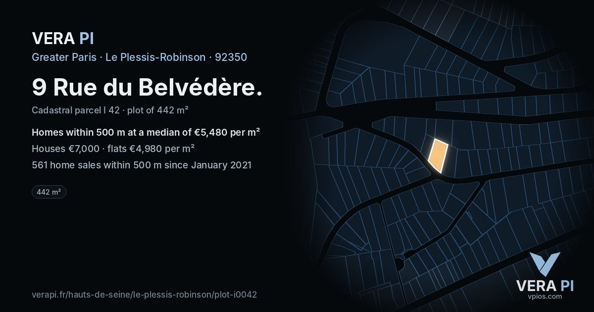 9 Rue du Belvédère, Le Plessis-Robinson at night – the plot lit, the parcels around coloured by the prices near them