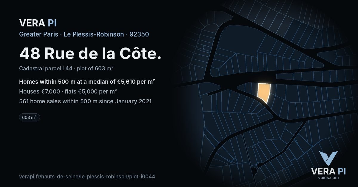 48 Rue de la Côte, Le Plessis-Robinson at night – the plot lit, the parcels around coloured by the prices near them