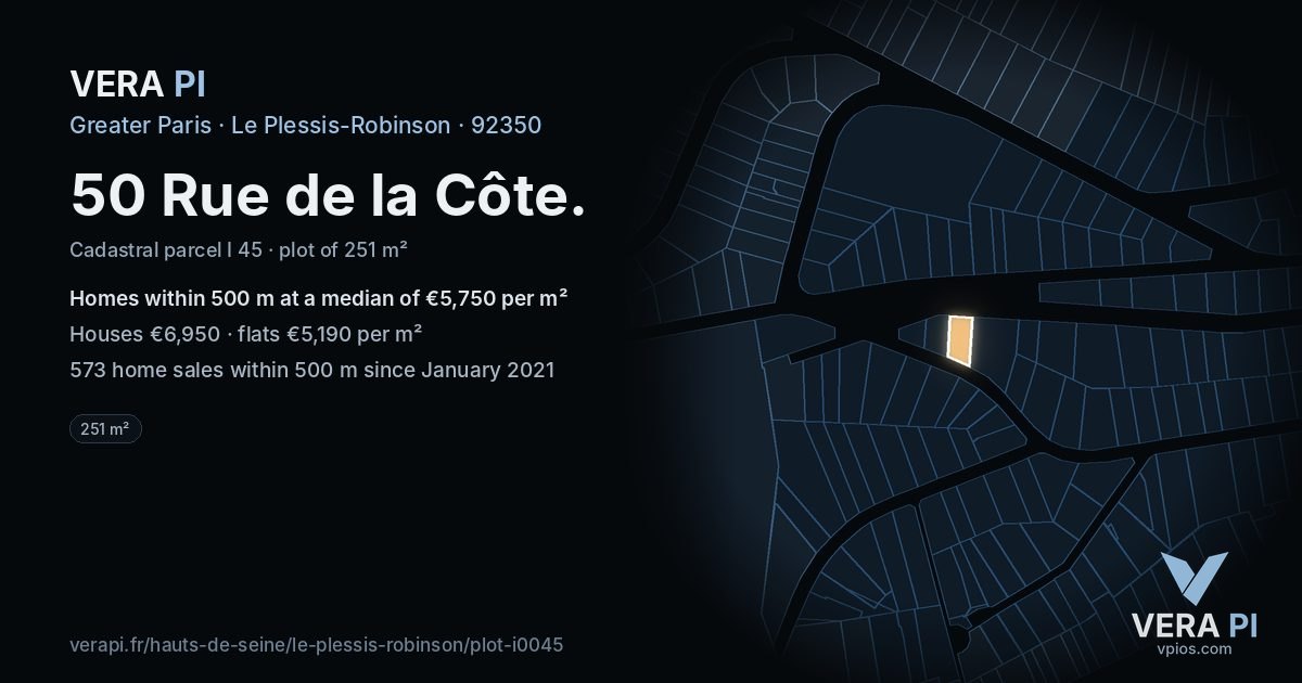 50 Rue de la Côte, Le Plessis-Robinson at night – the plot lit, the parcels around coloured by the prices near them
