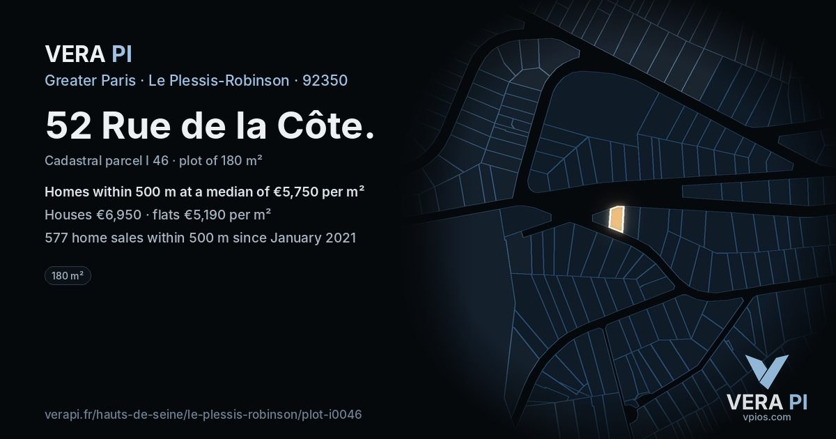 52 Rue de la Côte, Le Plessis-Robinson at night – the plot lit, the parcels around coloured by the prices near them