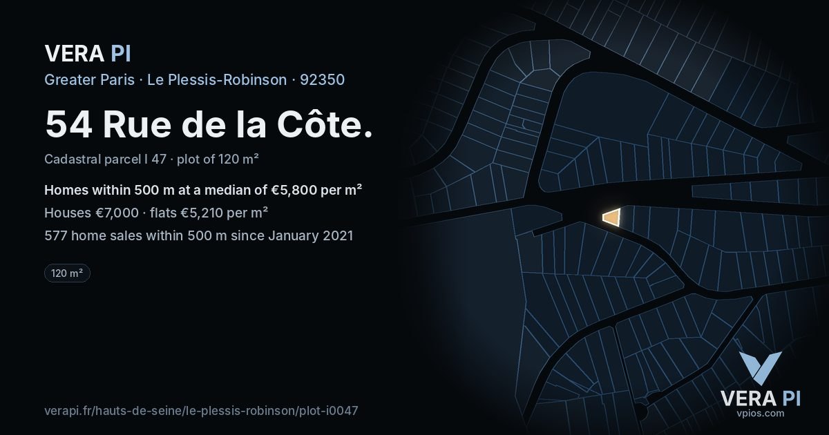 54 Rue de la Côte, Le Plessis-Robinson at night – the plot lit, the parcels around coloured by the prices near them