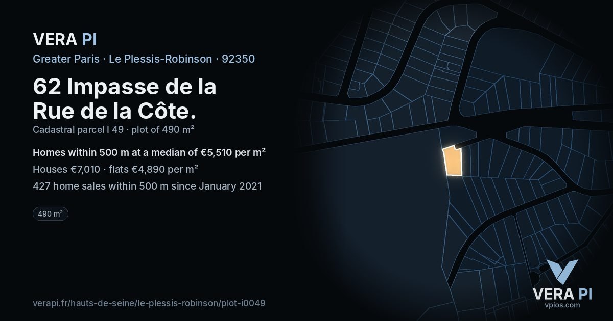 62 Impasse de la Rue de la Côte, Le Plessis-Robinson at night – the plot lit, the parcels around coloured by the prices near them