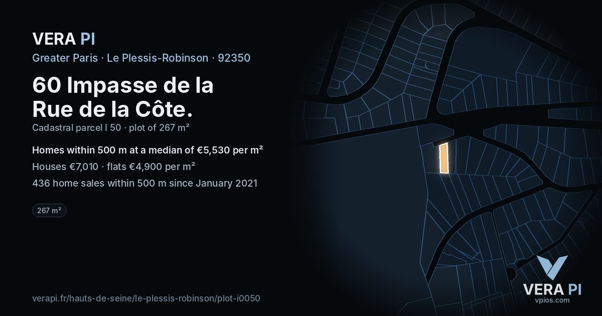 60 Impasse de la Rue de la Côte, Le Plessis-Robinson at night – the plot lit, the parcels around coloured by the prices near them