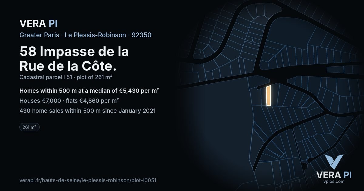 58 Impasse de la Rue de la Côte, Le Plessis-Robinson at night – the plot lit, the parcels around coloured by the prices near them